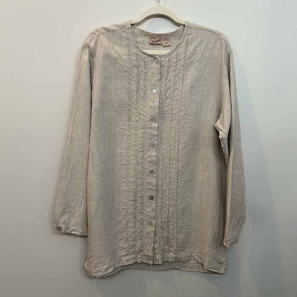 Woolrich Linen Tunic Top Tuxedo Style Pleating In Front Oatmeal Colored Size M